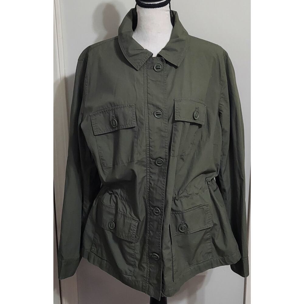 Talbots Womens Sz 1X Cinch Waist Military Jacket Olive Green Pockets Cotton Zip